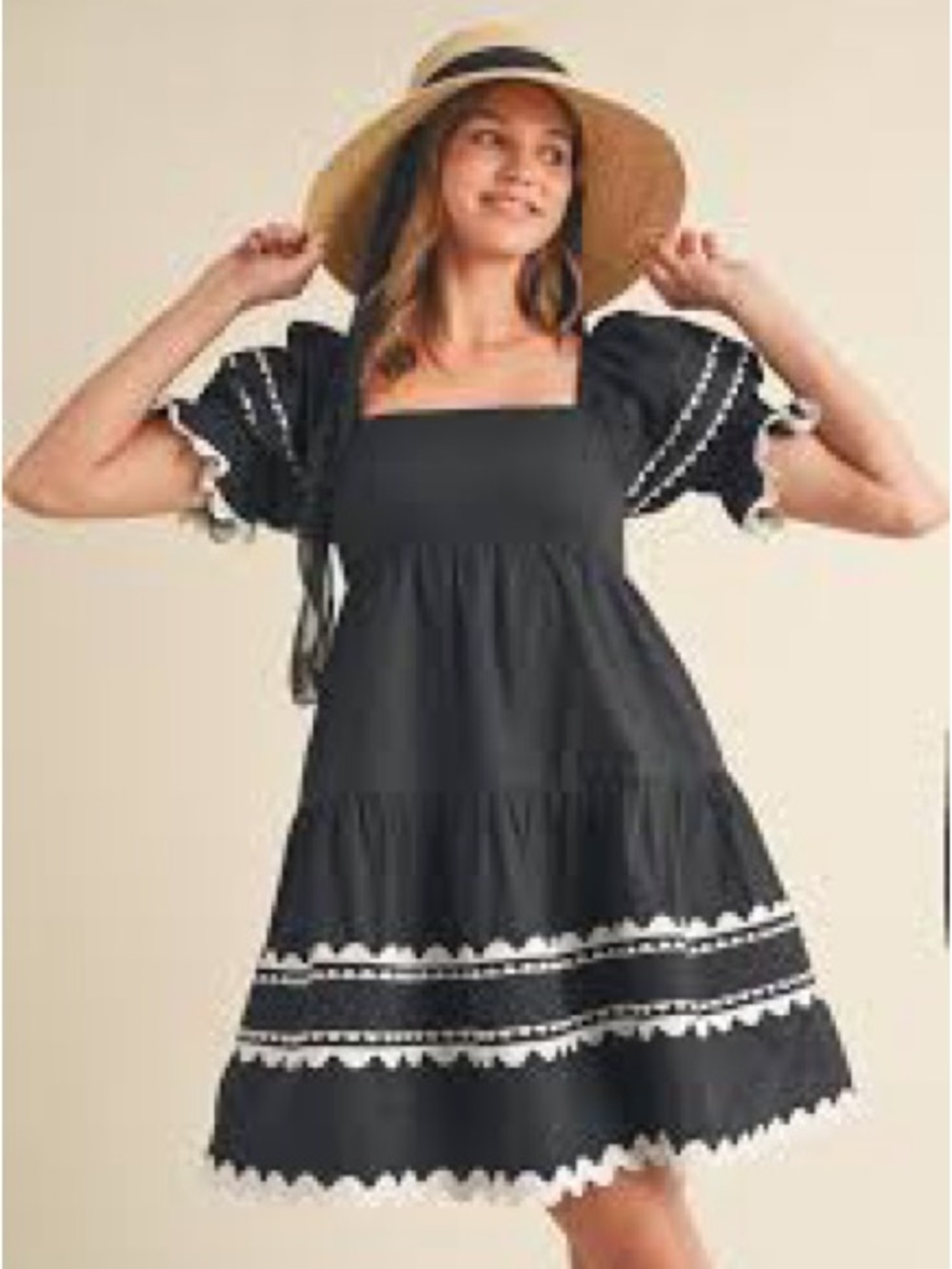 &merci Black Puff Sleeve Tiered Mini Dress with White Trim